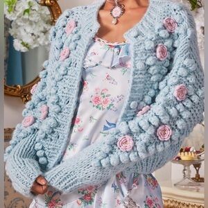NWT Sugar Thrillz Blue Knit Jacket with Pink Floral Accents 1X